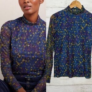 Anthropologie Blue Mesh Long Sleeve Mock Neck Top Floral Boho Stretch Small